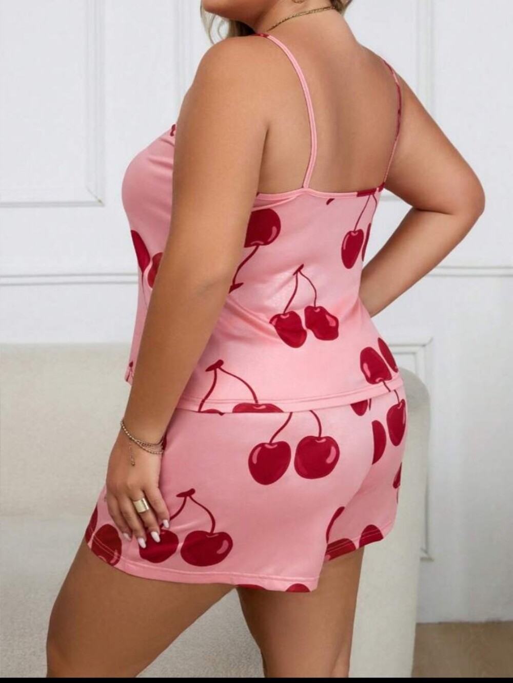 Pink Cherry Print Satin Cami & Short Sleep Set
